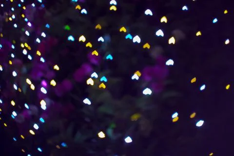 Upside down blur heart shape love valentine day night light on tree in garden Stock Photos