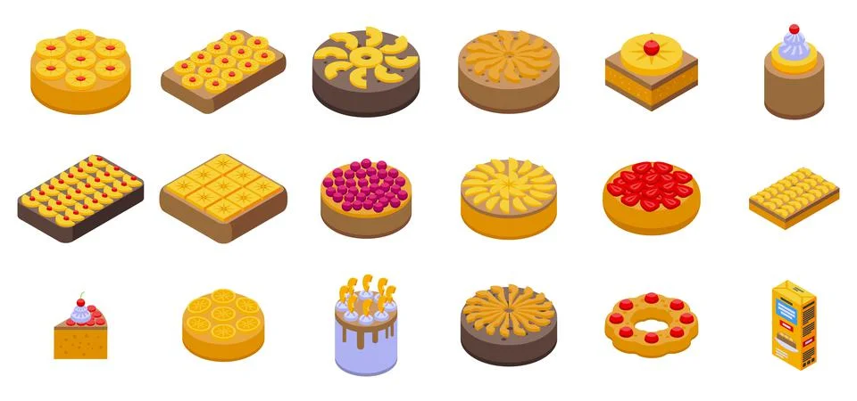 Upside-down cake icons set isometric vector. Pineapple tart Stock Illustration