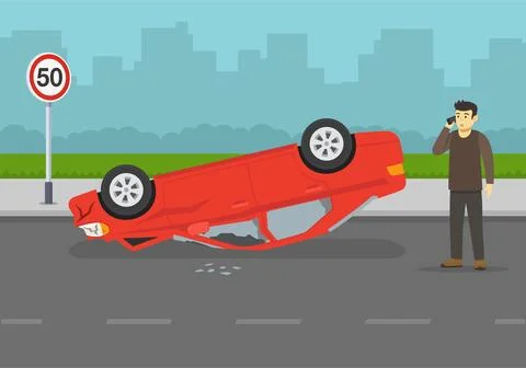 Upside down car crash on road. Terrified young male driver calls emergency. Stock Illustration