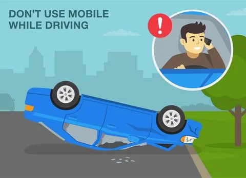 Upside down car crash on road. Close-up of driver talking on the phone. Stock Illustration