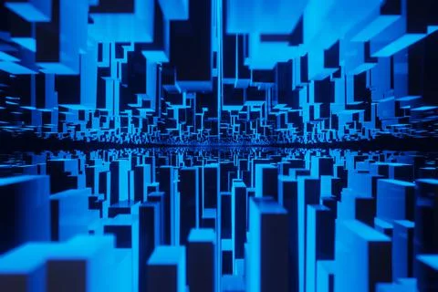 Upside down city Inception concept landscape geometry cube or block Glowing b Stock Illustration