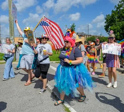 Upside Down Flag and No Kings Day Marchers Stock-Fotos