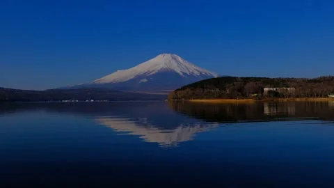 Upside down Fuji from Hirano Lake Yamanaka Japan Wide panorama Stock Footage 149111091