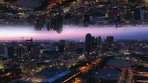 Upside down Inception effect on colorful city background-  parallax sky Stock Footage 242152606