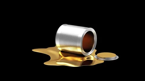 An upside down metal can with spilled shiny golden or silver liquid Stock Footage 337448402