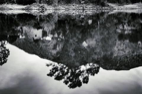 Upside Down Mountain Reflection in Black and White Stock Photos