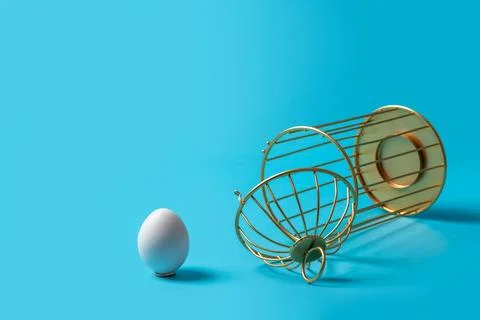 Upside down open cage with an egg outside on a blue background. The concept.. Stock Photos