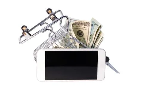 Upside down shopping cart with dollar bills. Smartphone. Isolated background. Stock Photos