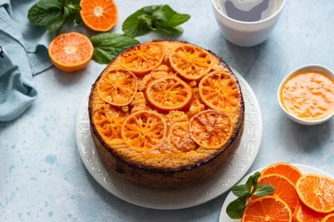 Upside down tangerine cake. Stock Photos