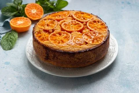 Upside down tangerine cake. Stock Photos