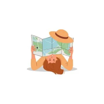 Upside down traveller with hat holding a map planning her journey to unknow.. Illustrazione stock