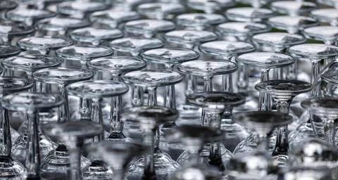 Upside down wine glasses arranged in uniform rows for drying. Photos
