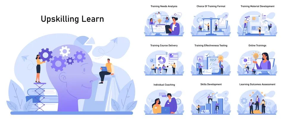 Upskilling set. Professionals engaging in training modules. Illustrazione stock