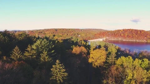 Upstate New York Dam aerial shot - autumn - sunrise - 4k Stock Footage