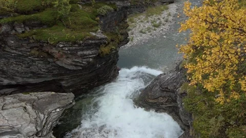 Upstream of the large waterfall. Rovijoki waterfall in Norway. Stock Footage 250542375