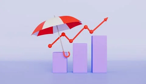 Uptrend bar graph with umbrella, Stable investment, hedged portfolio manage Stock Illustration