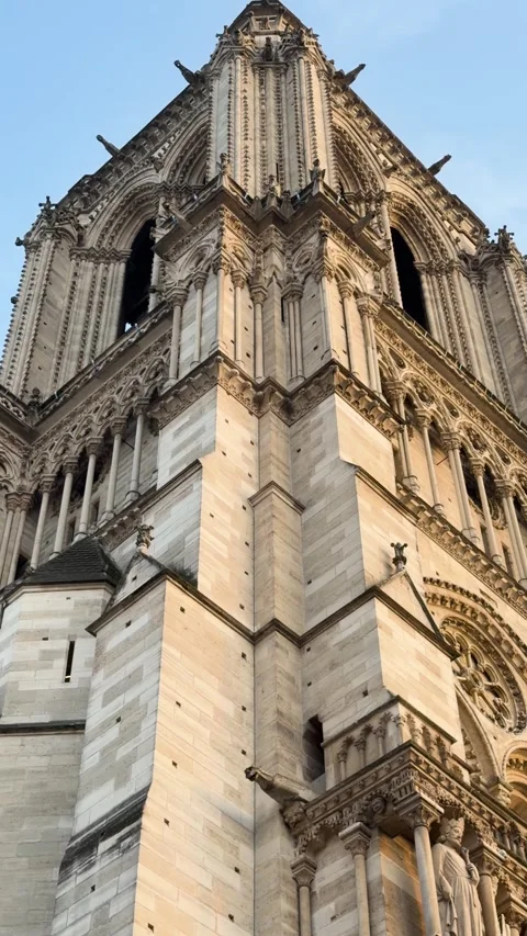 Upward Angle of Notre Dame Cathedral Tower Showing Gothic Stonework in Paris at Stock-Footage 340287764