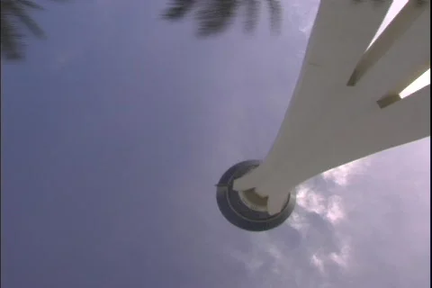Upward angle tracking shot of the Stratosphere Hotel and Casino spire and tower Stock Footage 552593