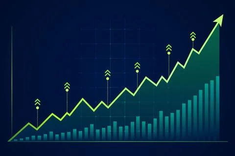 Upward Arrow Line Graph and Bar Chart Representing Business Growth and Fina.. Illustrazione stock