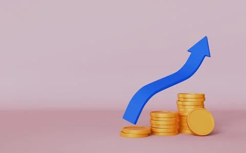 Upward arrow over stacks of gold coins, investment success and economic Stock Illustration