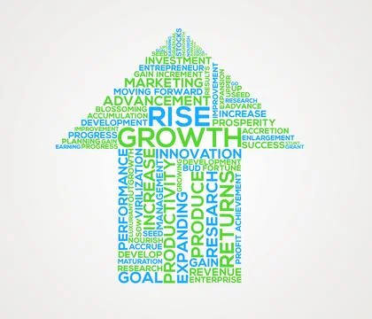 Upward arrow shape, word cloud and motivation for success, productivity or Stock Illustration
