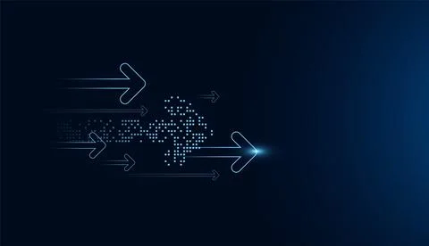 Upward arrows with a digital pixel trail dominate the image, highlighting t.. Stock Illustration