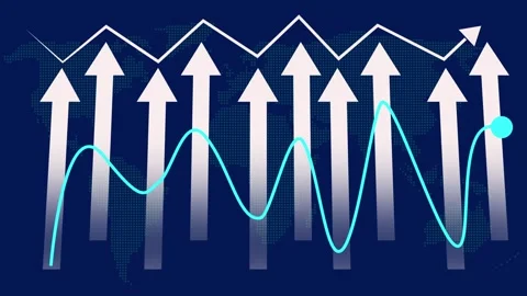 Upward arrows move alongside a data line graph. These upward arrows track a.. Stock Footage 337621471