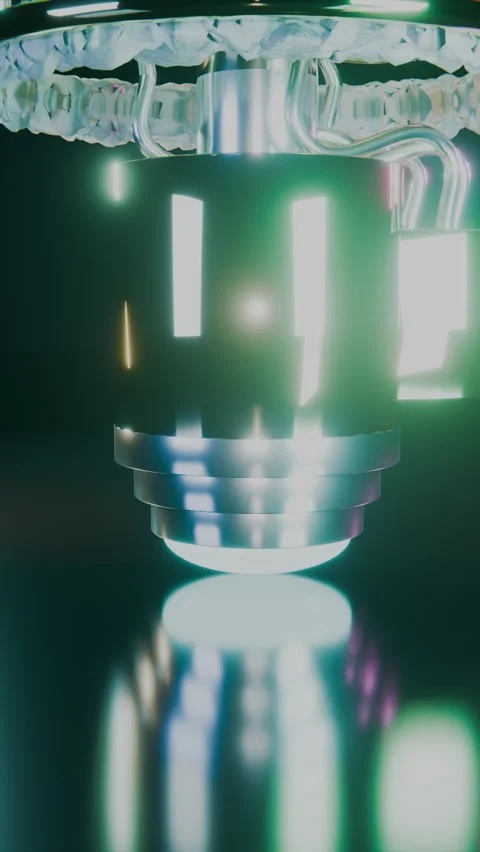 Upward Camera Glide Past Cyan Quantum Core, Vertical 9:16 4K Stock Footage 345541947