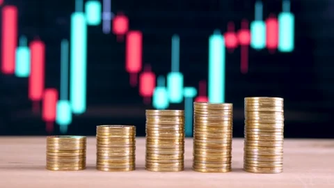Upward financial growth stack of golden money coin on wooden desk Video stock 281140217