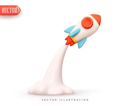 Upward launch space rocket with white smoke from turbines. Isolated spacesh.. Stock Illustration