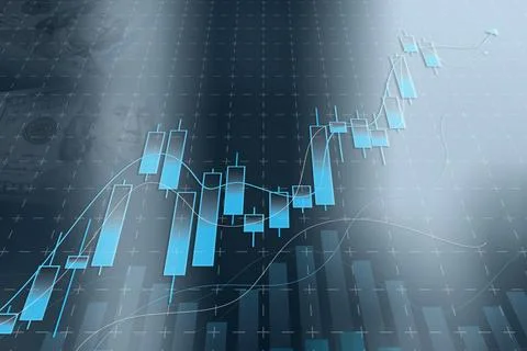Upward line graph with candlesticks and 100 dollar banknotes in the backgro.. Stock Photos