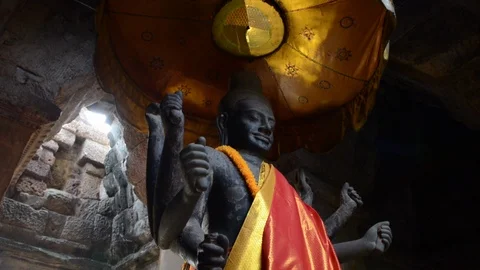 Upward movement of Hindu God inside Angkor Wat in Siem Reap Stock Footage 99678331