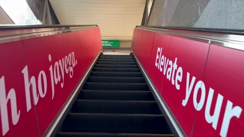 Upward Moving Empty Escalator in Railway Station Interior Stock Footage 347853435