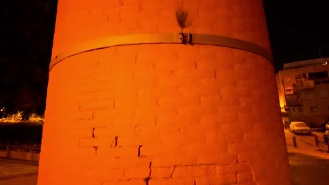 Upward Night View of Historic Brick Chimney Tower in Spain Stock Footage 338036744