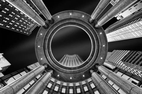 Upward perspective of New York skyscrapers Stock Photos