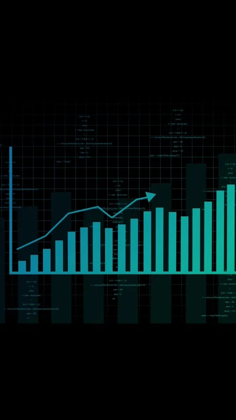 Upward trending bar graph with an arrow and lines of code on a dark digital.. Stock-Footage 337462196