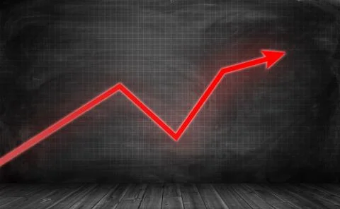 Upward trending bright red zigzag arrow on checkered black wall Stock Illustration