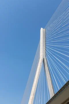 Upward view of the cable-stayed bridge Stock Photos