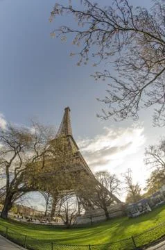 Upward view of Eiffel Tower in Paris Stock Photos