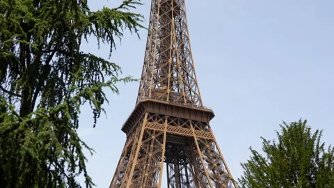 Upward view of Eiffel Tower top with tree branches and blue sky Paris Stock Footage 314979921