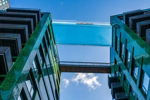 Upward view of Floating Sky Pool in the Nine Elms district of London Stock Photos