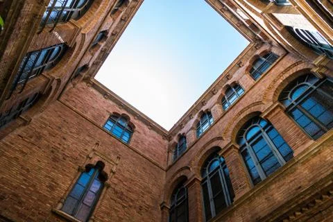 Upward view of geometrical architecture elements of a building. Stock Photos