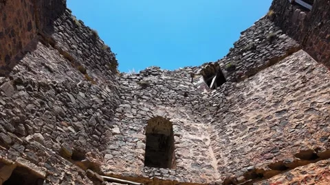 Upward View Inside Ancient Stone Fortress Tower Revealing Historic Architecture Stock-Footage 339593073