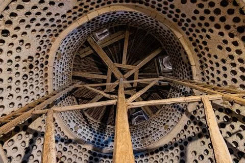 Upward view inside a circular timber roof structure at Chateau de Ribourdin.. Stock Photos