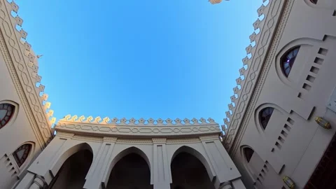 Upward view inside the courtyard of El Mina Mosque in Hurghada, Egypt, showing Stock Footage 333414496