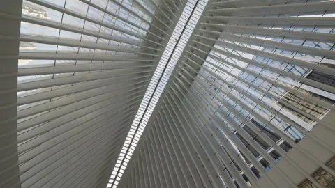 Upward View of Oculus Skylight and White Ribs in Manhattan Video stock 342594263