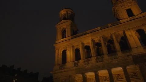 Upward View of Saint-Sulpice Church Columns, Paris Night Scene Stock Footage 319244665