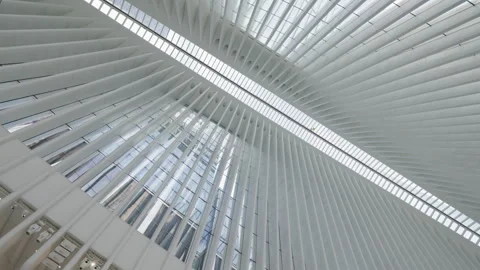 Upward View of White Ribs and Skylight Inside Oculus Video stock 342592487