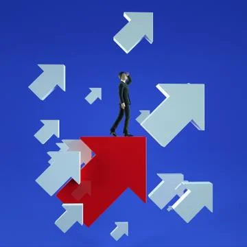 Upwards. Businessman standing on a red flying arrows. Ilustración de archivo