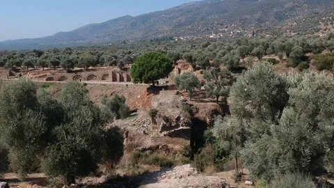 Upwards flying drone view of the stadium region of NYSA ancient city Stock Footage 118092442